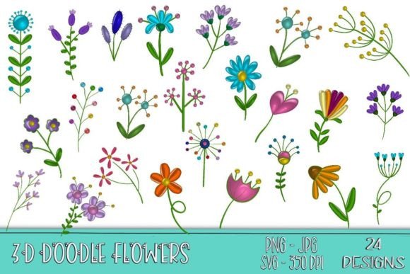 3D Shiny, Glossy Doodle Wildflowers for Creative Expression