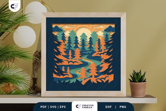 River in Pine Tree Forest 3D Paper Cut